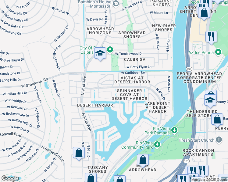 map of restaurants, bars, coffee shops, grocery stores, and more near 8906 West Custer Lane in Peoria