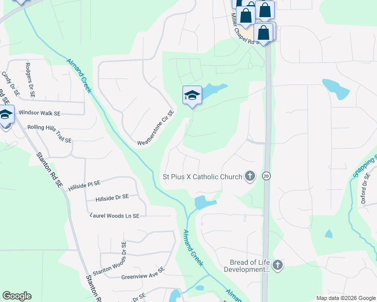 map of restaurants, bars, coffee shops, grocery stores, and more near 2608 Downing Park Southeast in Conyers