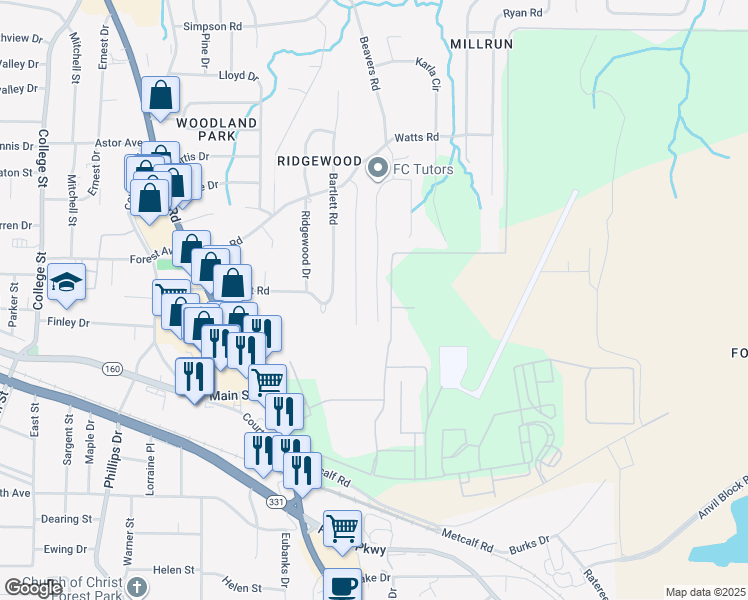 map of restaurants, bars, coffee shops, grocery stores, and more near 4839 Price Street in Forest Park