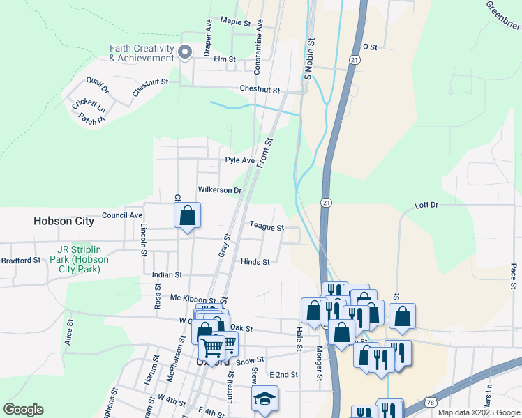 map of restaurants, bars, coffee shops, grocery stores, and more near 66 Gwin Street in Oxford
