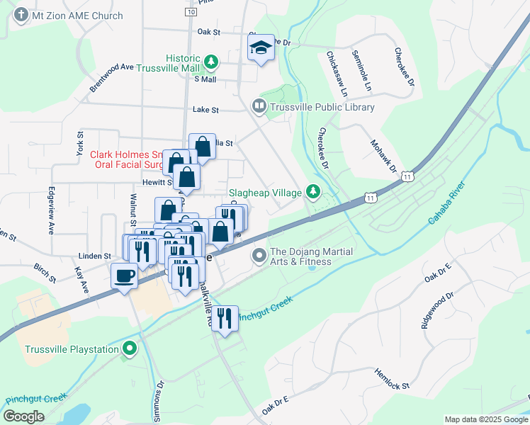 map of restaurants, bars, coffee shops, grocery stores, and more near 112 Meadow Lane in Trussville