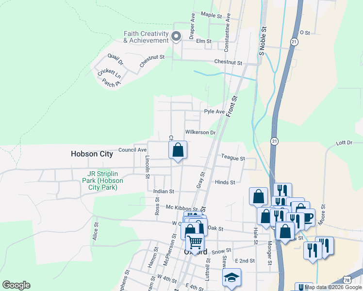 map of restaurants, bars, coffee shops, grocery stores, and more near 231 Marable Street in Anniston