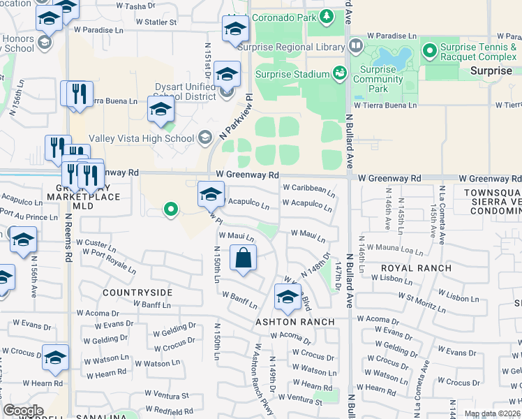 map of restaurants, bars, coffee shops, grocery stores, and more near 14927 West Acapulco Lane in Surprise
