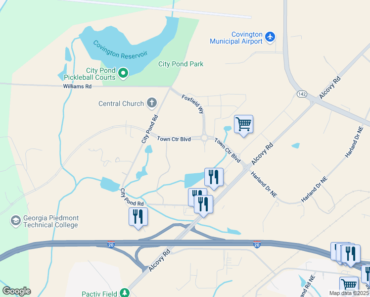 map of restaurants, bars, coffee shops, grocery stores, and more near 12250 Town Center Drive in Covington