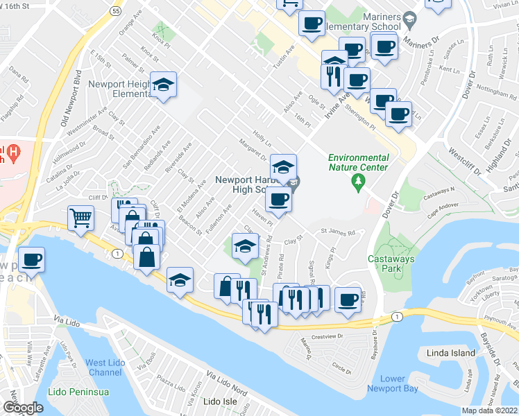 map of restaurants, bars, coffee shops, grocery stores, and more near 2002 Haven Place in Newport Beach