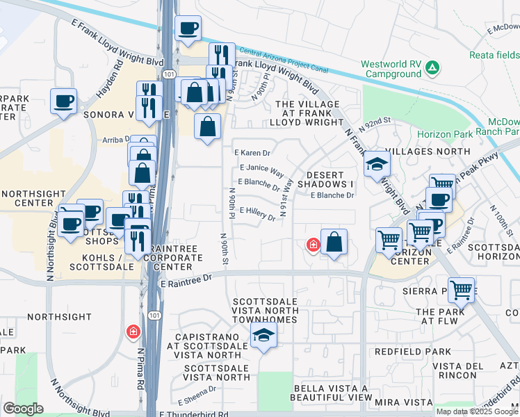 map of restaurants, bars, coffee shops, grocery stores, and more near 9069 East Pine Valley Road in Scottsdale