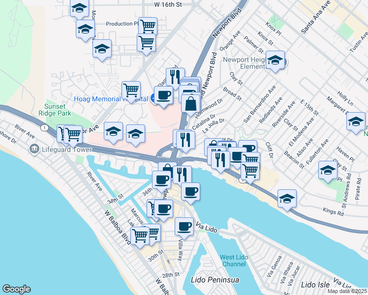 map of restaurants, bars, coffee shops, grocery stores, and more near 207 La Jolla Drive in Newport Beach