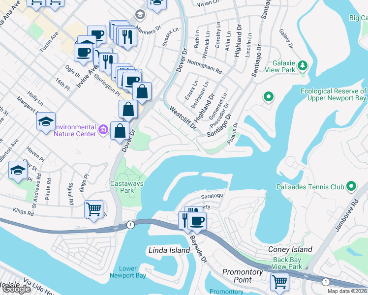 map of restaurants, bars, coffee shops, grocery stores, and more near 57 Cape Andover in Newport Beach