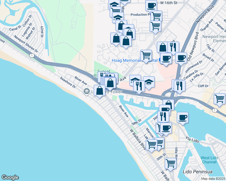 map of restaurants, bars, coffee shops, grocery stores, and more near 4501 West Coast Highway in Newport Beach