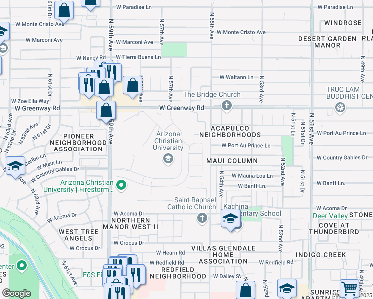 map of restaurants, bars, coffee shops, grocery stores, and more near 15018 North 56th Drive in Glendale