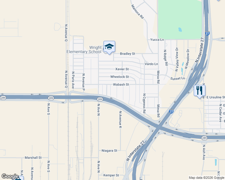 map of restaurants, bars, coffee shops, grocery stores, and more near 1001-1399 Wabash Street in Lubbock