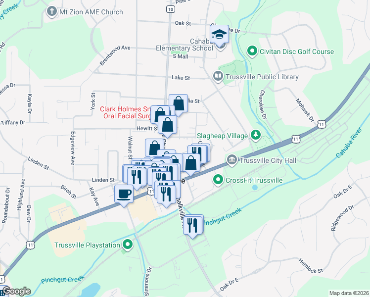 map of restaurants, bars, coffee shops, grocery stores, and more near 168 Will Street in Trussville