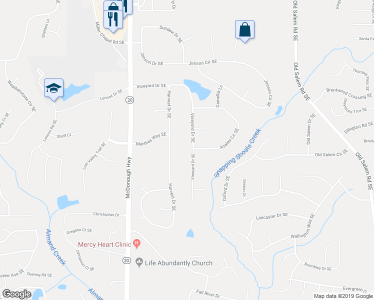 map of restaurants, bars, coffee shops, grocery stores, and more near 1185 Vineyard Drive Southeast in Conyers