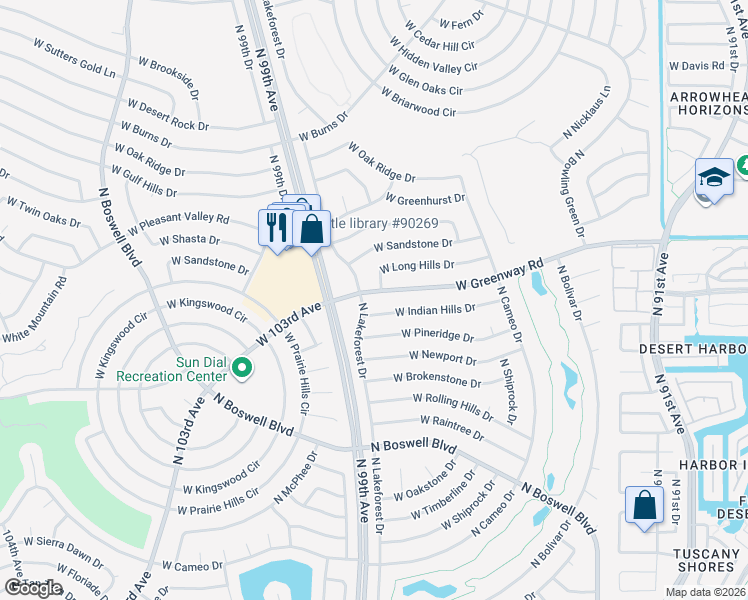map of restaurants, bars, coffee shops, grocery stores, and more near 15401 North Lakeforest Drive in Sun City