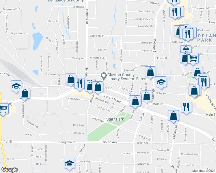 map of restaurants, bars, coffee shops, grocery stores, and more near 696 Main Street in Forest Park