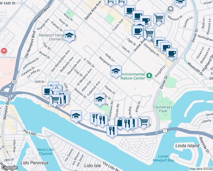 map of restaurants, bars, coffee shops, grocery stores, and more near 2000 Haven Place in Newport Beach