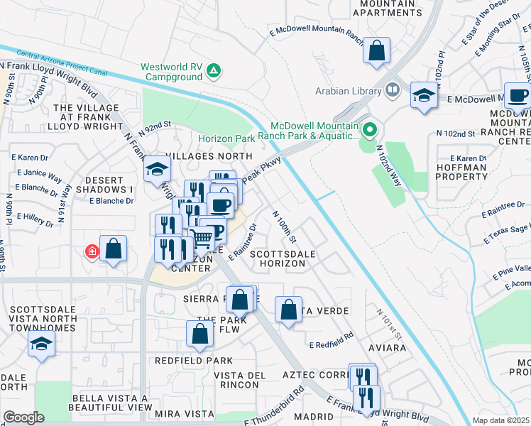 map of restaurants, bars, coffee shops, grocery stores, and more near 14951 North 97th Place in Scottsdale