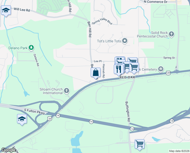 map of restaurants, bars, coffee shops, grocery stores, and more near 4880 Ben Hill Road in College Park