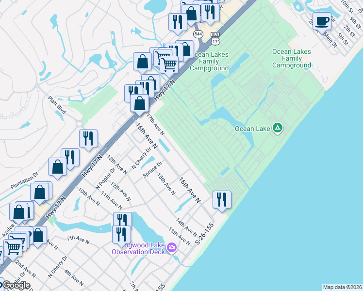 map of restaurants, bars, coffee shops, grocery stores, and more near 1729 Neptune Road in Myrtle Beach