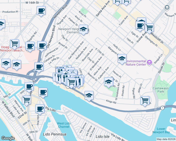 map of restaurants, bars, coffee shops, grocery stores, and more near 405 El Modena Avenue in Newport Beach