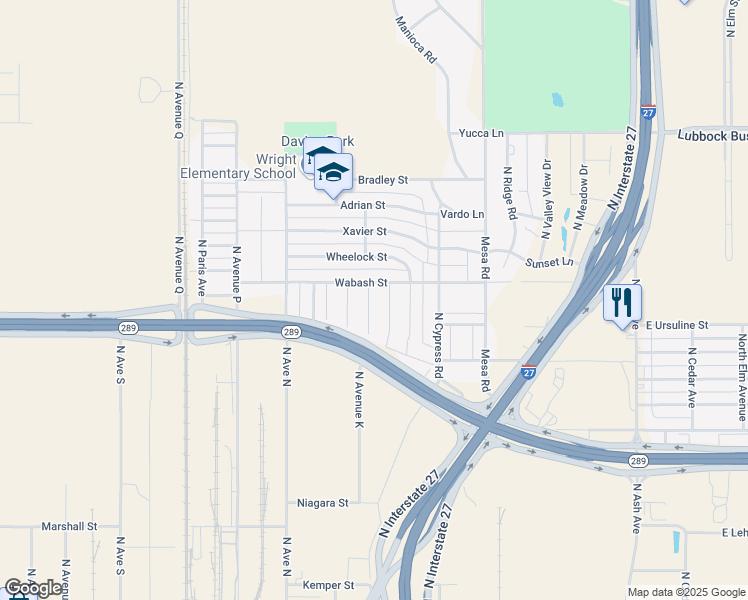 map of restaurants, bars, coffee shops, grocery stores, and more near 1001-1399 Wabash Street in Lubbock