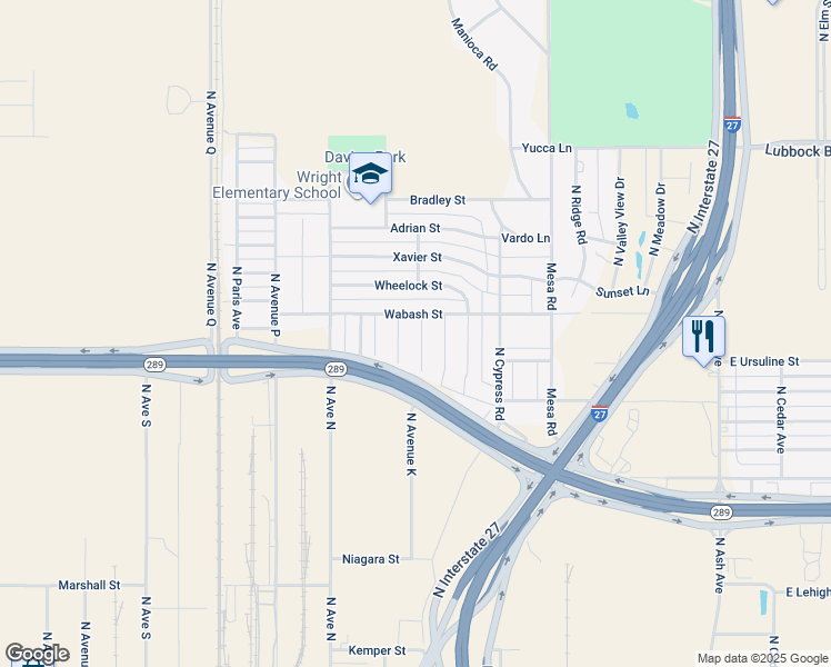 map of restaurants, bars, coffee shops, grocery stores, and more near 1001-1399 Wabash Street in Lubbock