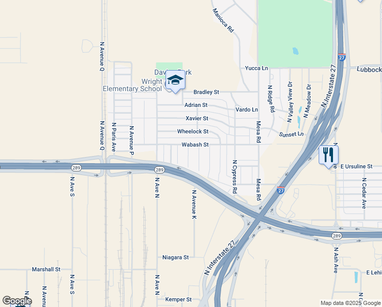 map of restaurants, bars, coffee shops, grocery stores, and more near 1001-1399 Wabash Street in Lubbock