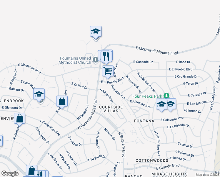 map of restaurants, bars, coffee shops, grocery stores, and more near 16818 Alamosa Avenue in Fountain Hills