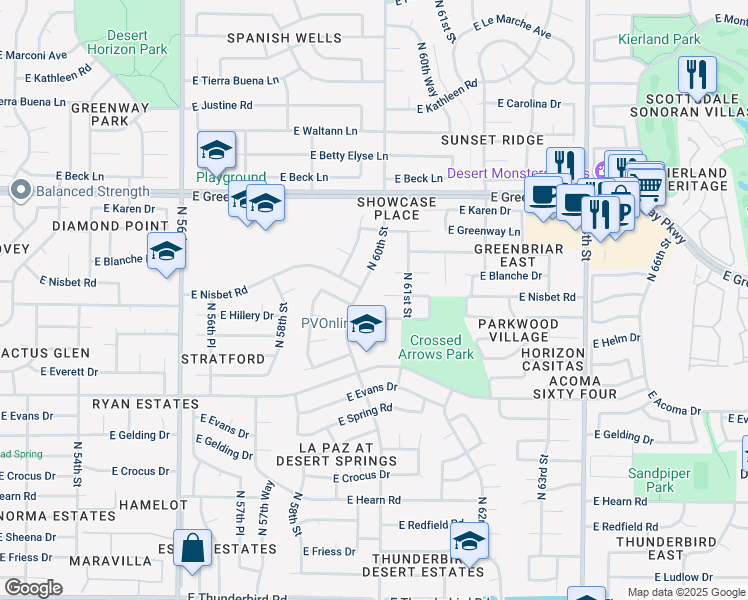 map of restaurants, bars, coffee shops, grocery stores, and more near 15025 North 60th Street in Scottsdale