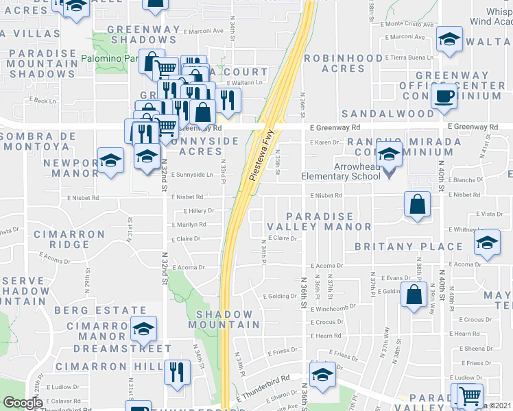 map of restaurants, bars, coffee shops, grocery stores, and more near 3425 East Nisbet Road in Phoenix