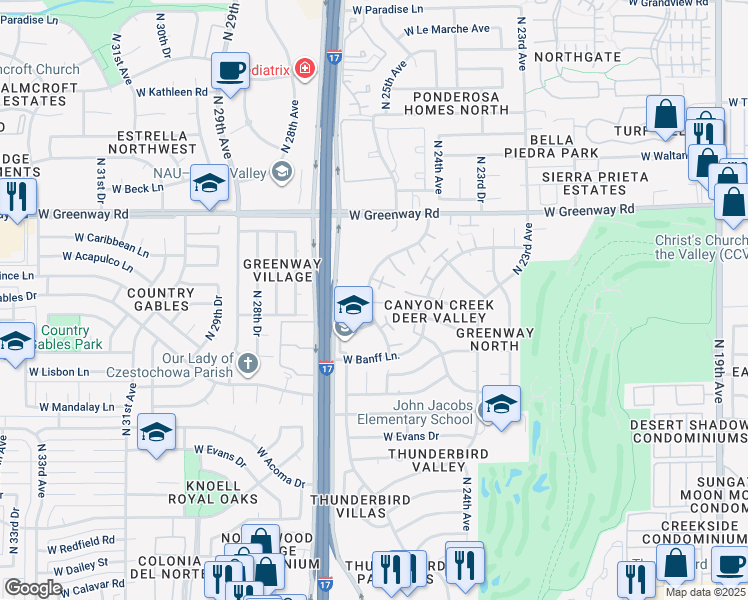 map of restaurants, bars, coffee shops, grocery stores, and more near 14837 North 25th Drive in Phoenix