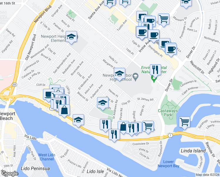 map of restaurants, bars, coffee shops, grocery stores, and more near 2000 Haven Place in Newport Beach