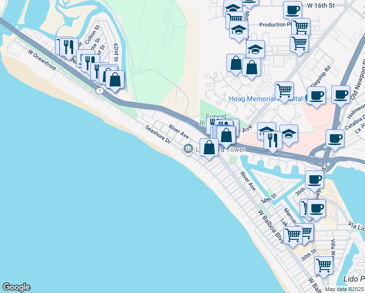 map of restaurants, bars, coffee shops, grocery stores, and more near 4914 Neptune Avenue in Newport Beach