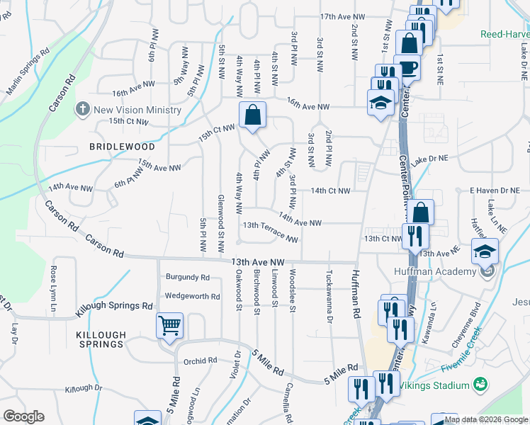 map of restaurants, bars, coffee shops, grocery stores, and more near 412 14th Avenue Northwest in Center Point
