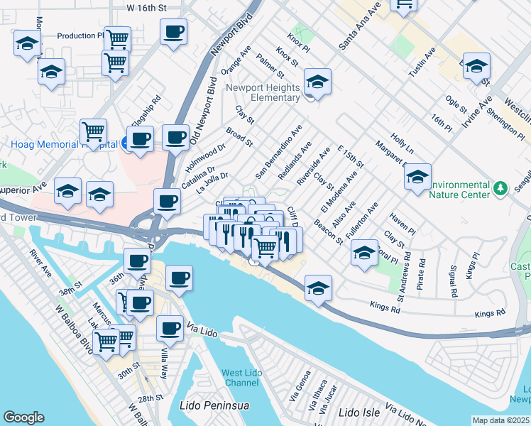 map of restaurants, bars, coffee shops, grocery stores, and more near 233 Ocean View Avenue in Newport Beach