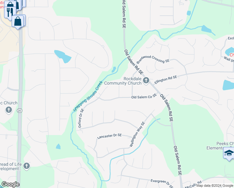 map of restaurants, bars, coffee shops, grocery stores, and more near 1301 Winesap Court Southeast in Conyers