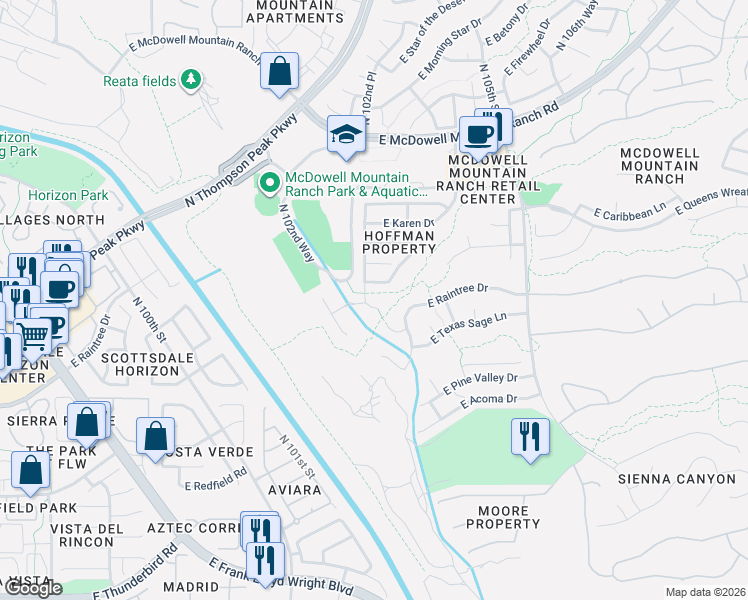 map of restaurants, bars, coffee shops, grocery stores, and more near 10249 Pine Valley Road in Scottsdale