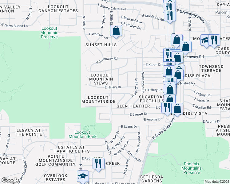 map of restaurants, bars, coffee shops, grocery stores, and more near 1985 East Hillery Drive in Phoenix
