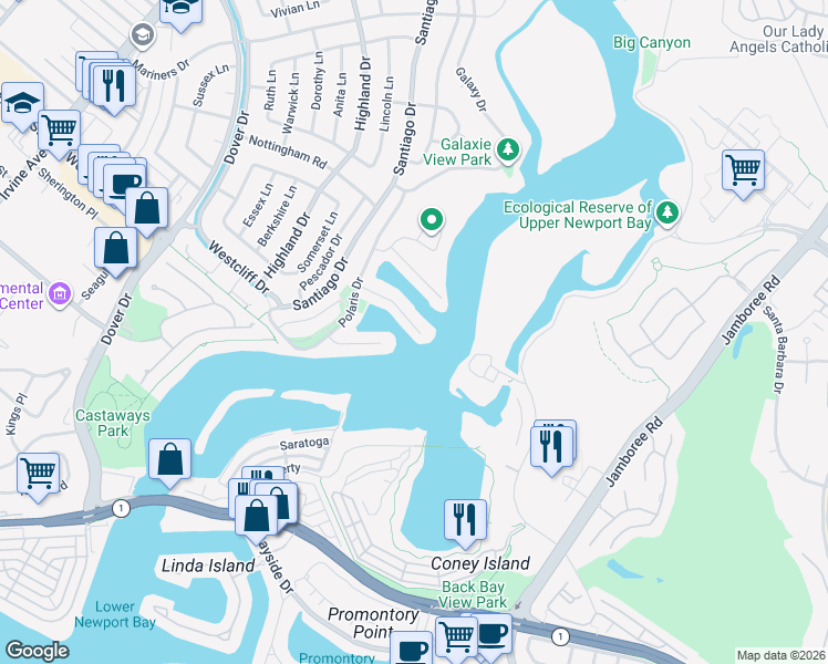map of restaurants, bars, coffee shops, grocery stores, and more near 204 Evening Star Lane in Newport Beach