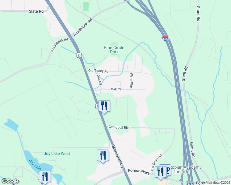 map of restaurants, bars, coffee shops, grocery stores, and more near 2511 Oak Circle in Ellenwood