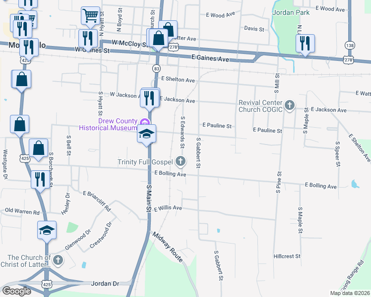 map of restaurants, bars, coffee shops, grocery stores, and more near 510 South Gabbert Street in Monticello
