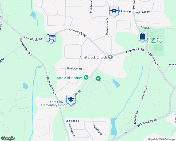 map of restaurants, bars, coffee shops, grocery stores, and more near 3747 Meadow Glen Circle in Ellenwood