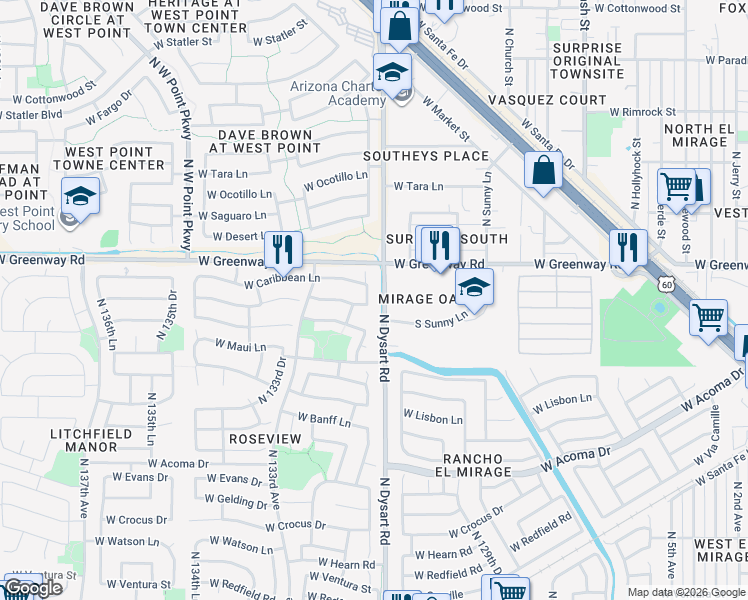 map of restaurants, bars, coffee shops, grocery stores, and more near 15261 North Gil Balcome Court in Surprise