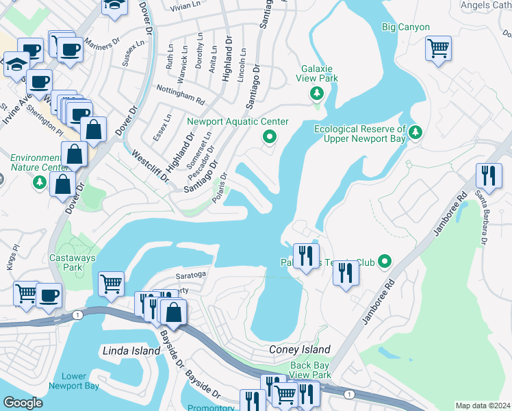 map of restaurants, bars, coffee shops, grocery stores, and more near 219 Evening Star Lane in Newport Beach