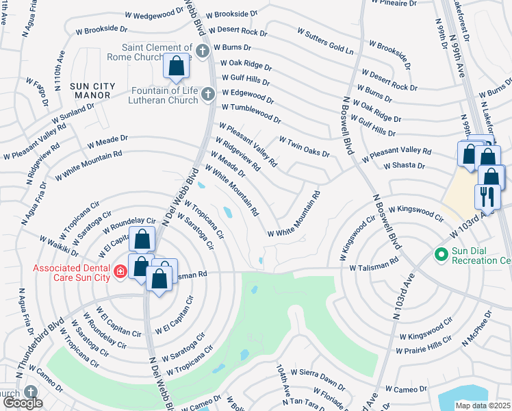 map of restaurants, bars, coffee shops, grocery stores, and more near 10415 West Meade Drive in Sun City