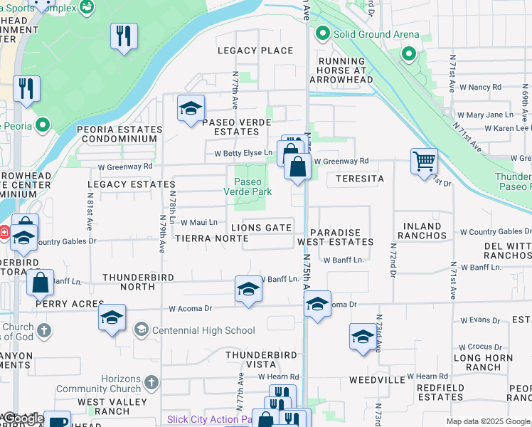 map of restaurants, bars, coffee shops, grocery stores, and more near 7610 West Maui Lane in Peoria