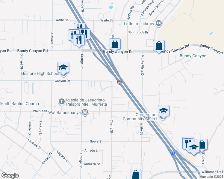 map of restaurants, bars, coffee shops, grocery stores, and more near Cherry Street in Wildomar