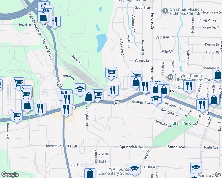 map of restaurants, bars, coffee shops, grocery stores, and more near 520 Main Street in Forest Park