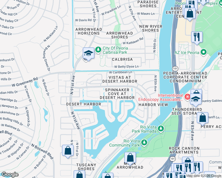 map of restaurants, bars, coffee shops, grocery stores, and more near 8832 West Custer Lane in Peoria