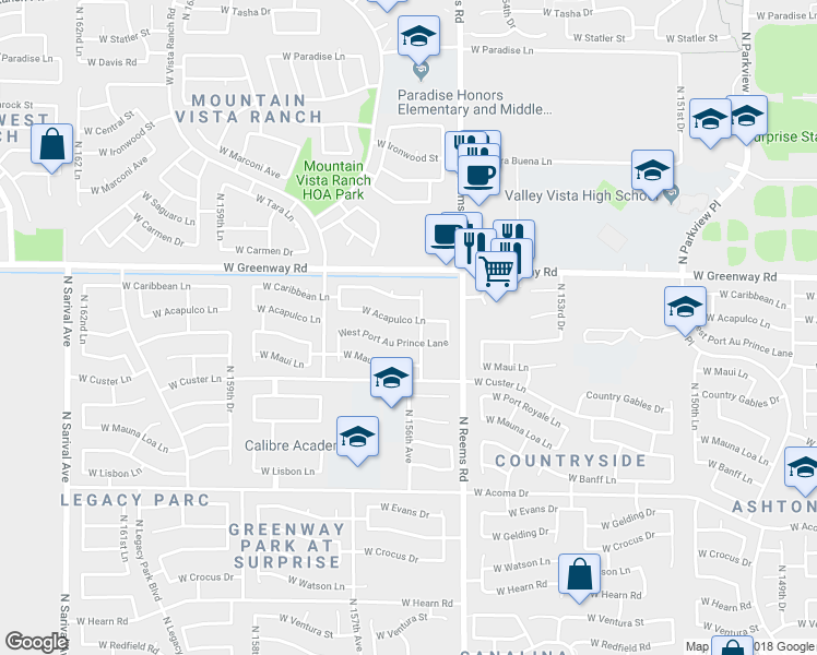 map of restaurants, bars, coffee shops, grocery stores, and more near 15591 West Acapulco Lane in Surprise